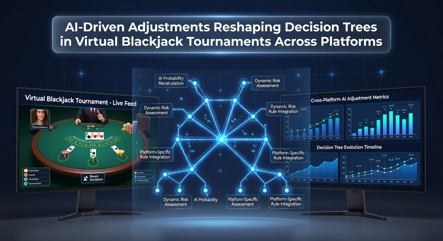 Virtual blackjack tournament interface displaying AI-updated decision prompts