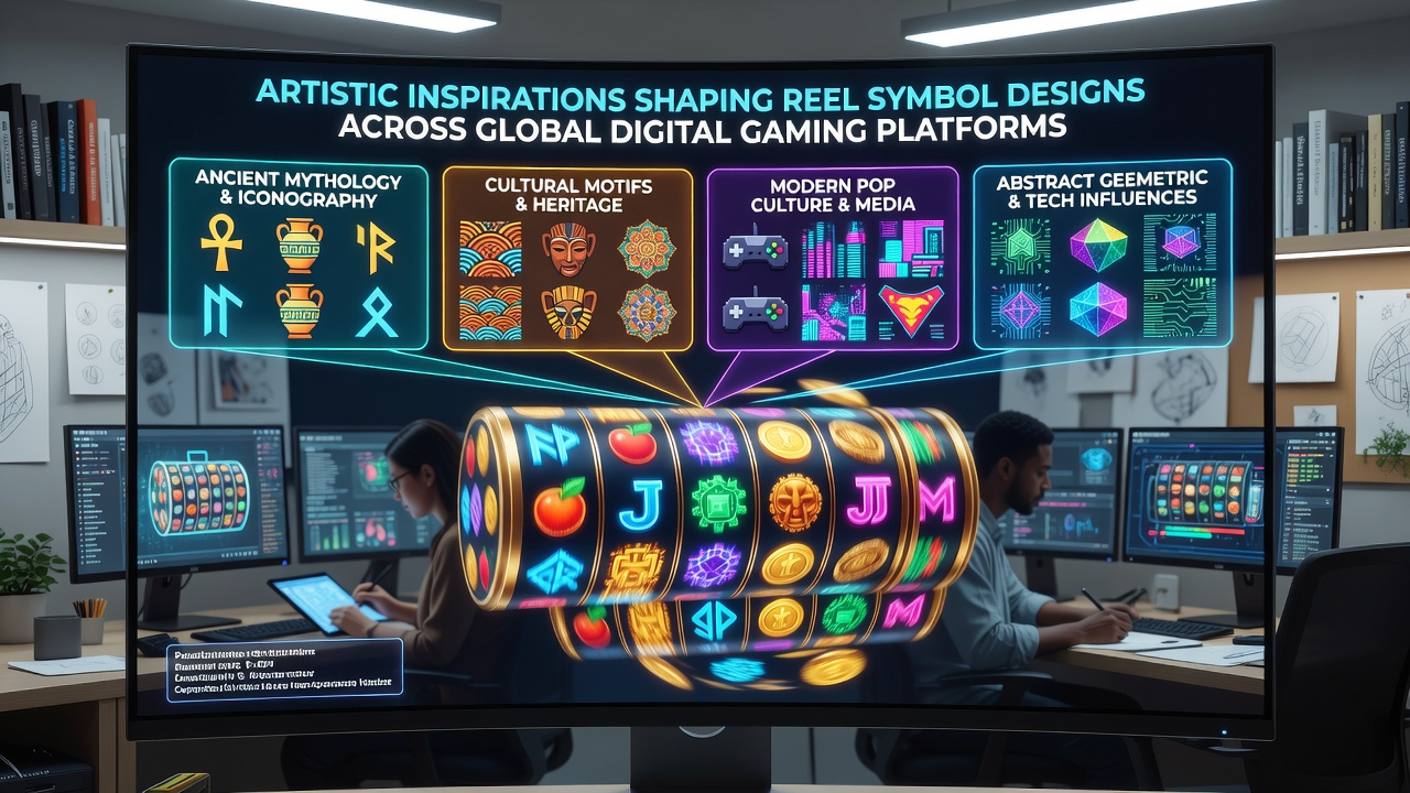 Diverse reel symbols inspired by global artistic traditions displayed on digital slot interfaces