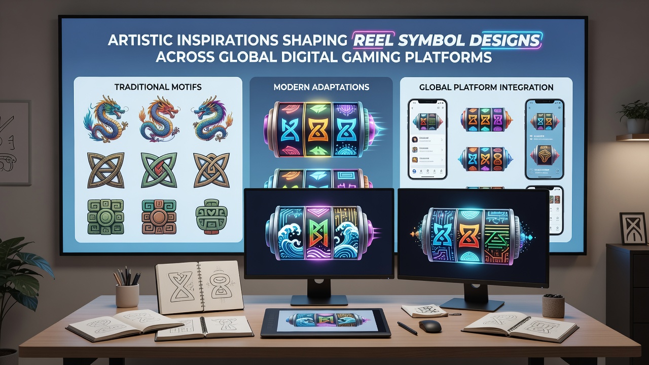 Close-up view of reel symbols blending historical art styles with contemporary digital rendering techniques