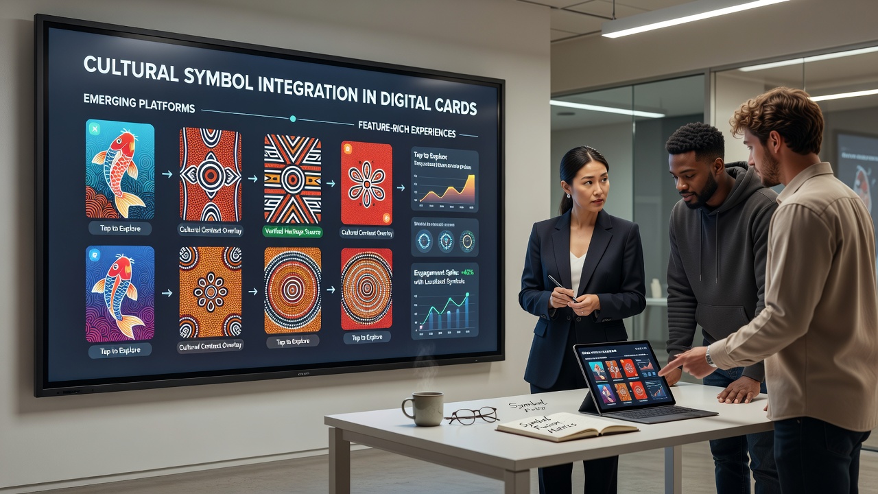 Close-up view of augmented reality card projection showing layered cultural motifs from multiple traditions during active gameplay