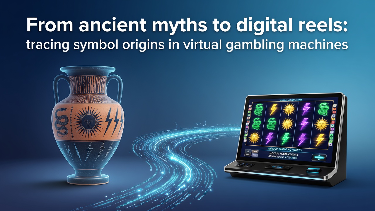 Ancient mythological symbols transitioning into modern slot machine icons on digital reels