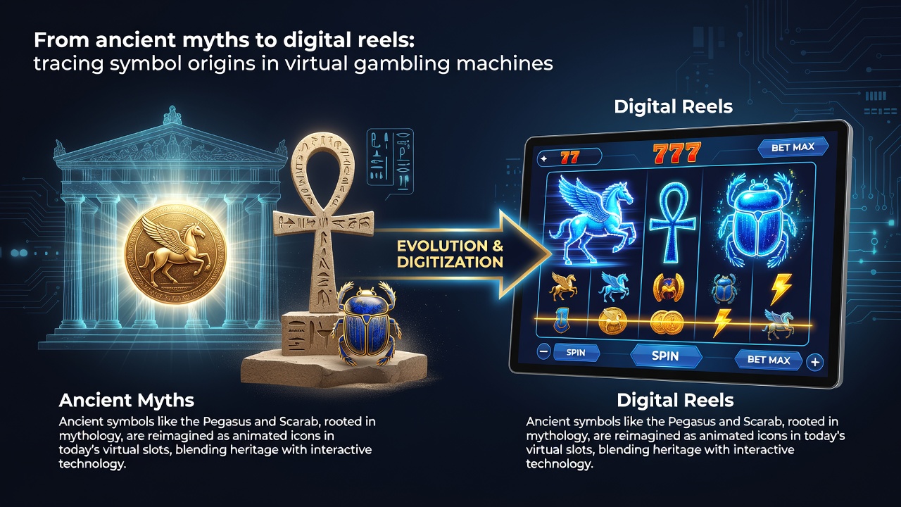 Digital slot reels displaying mythological symbols including scarabs, dragons, and thunderbolts