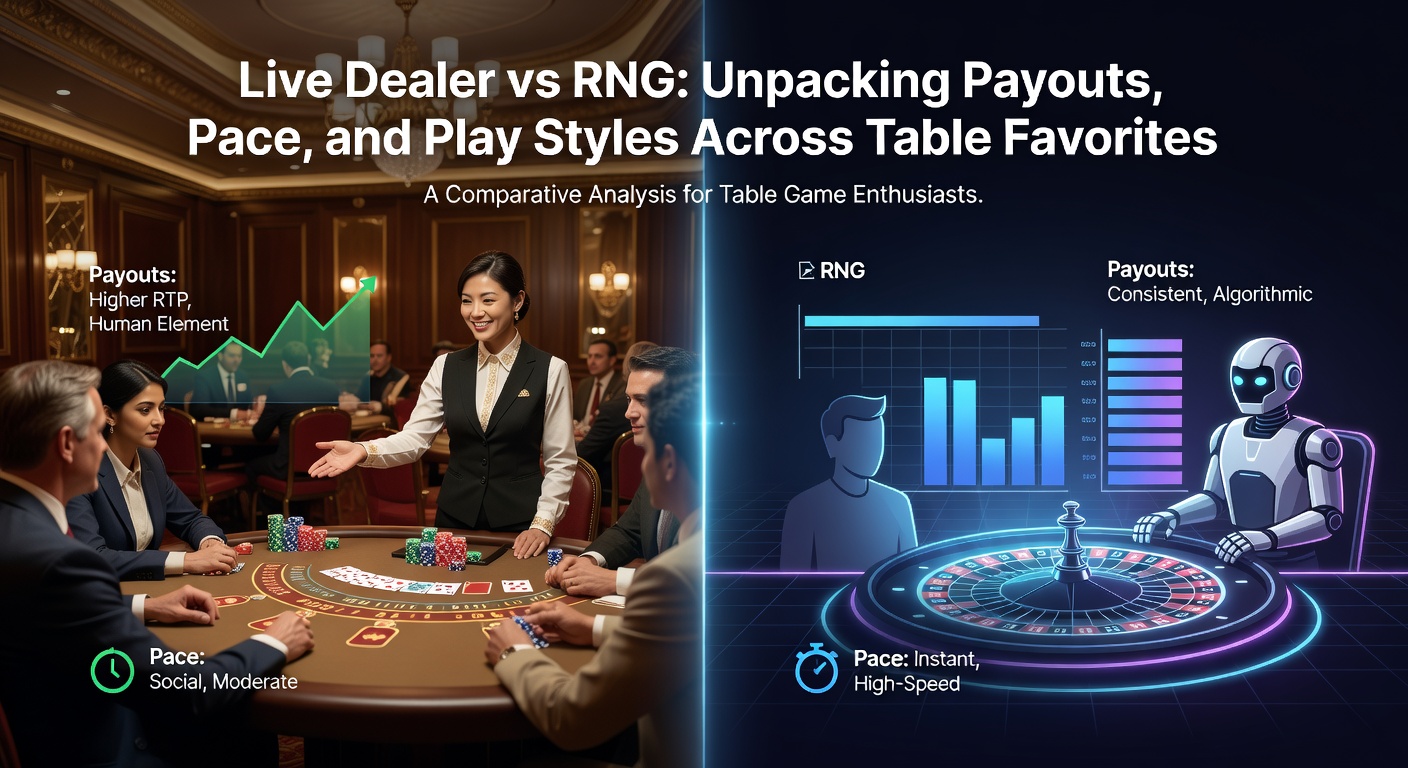 Split-screen comparison of a live blackjack dealer interacting with players and an RNG roulette wheel spinning digitally, highlighting key differences in real-time action versus software-generated outcomes