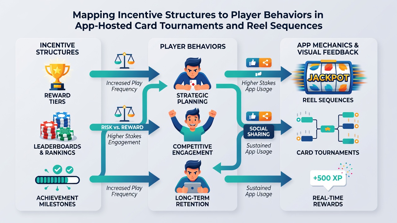 Analytics dashboard displaying mapped player behavior clusters for card tournaments and reel sequences with incentive overlays