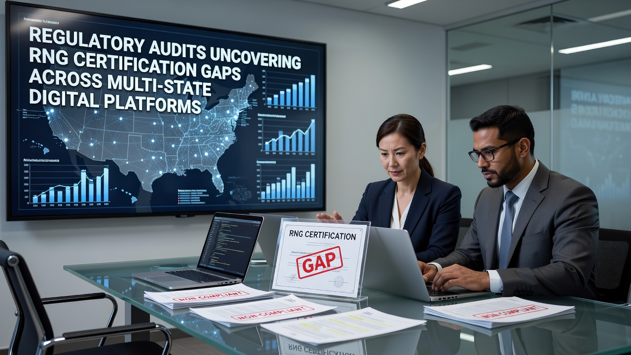 Regulatory audit team reviewing RNG certification documents for digital gaming platforms