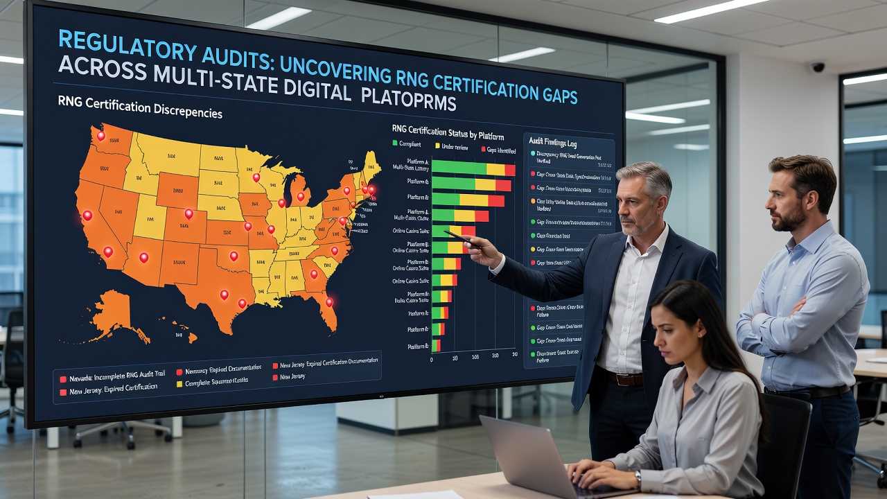 Auditors examining server logs and certification records during a multi-state platform review