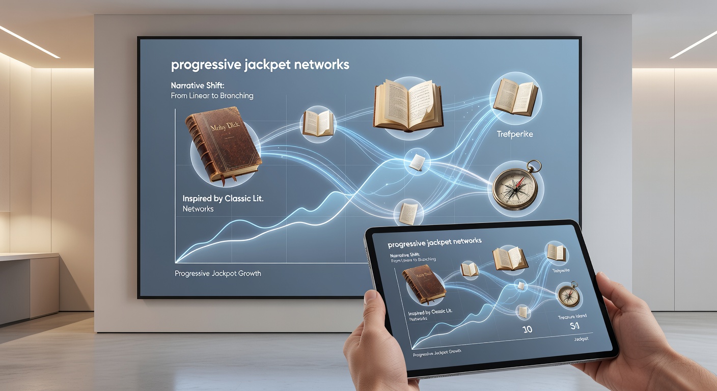 Mobile device displaying a progressive jackpot slot game themed after classic literature with interconnected network visuals