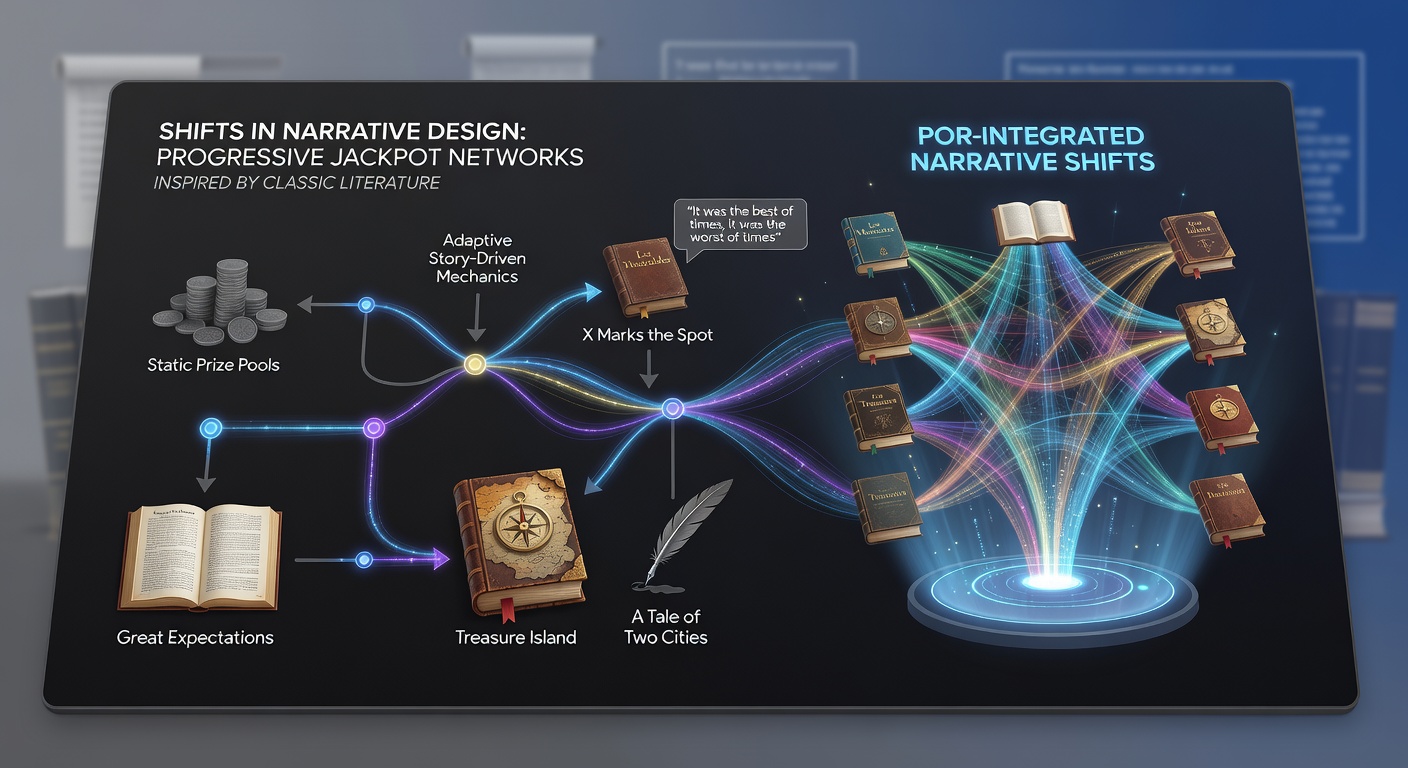 Network diagram showing connected mobile devices contributing to a literature-inspired progressive jackpot with narrative elements