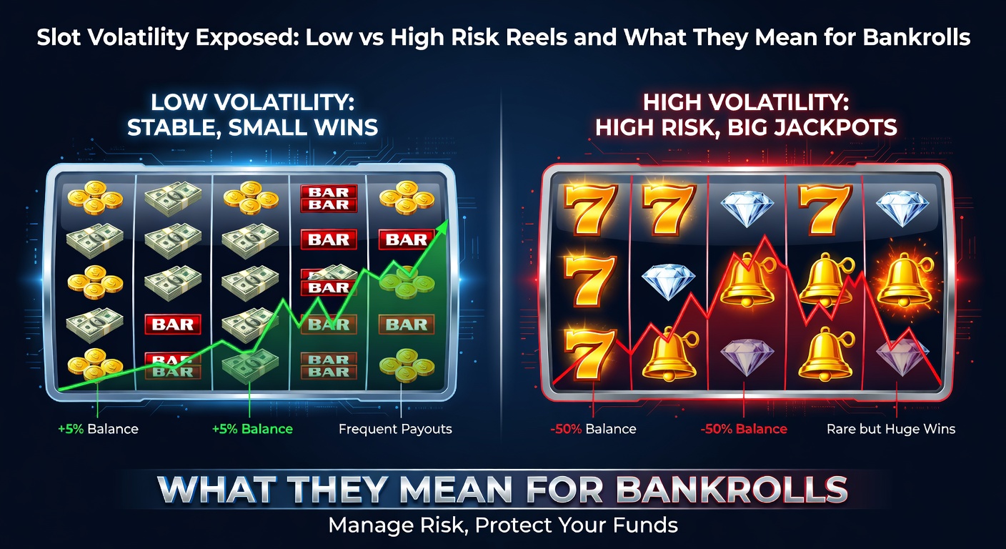 Dynamic slot machine reels spinning with symbols clustering to show frequent small wins versus rare massive payouts, highlighting volatility differences