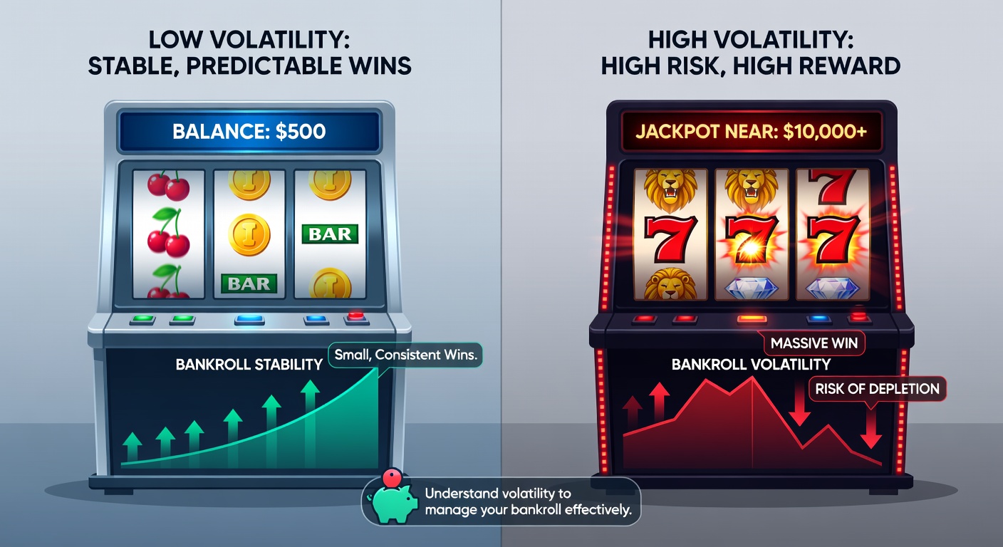 Comparative bar graph displaying win distribution curves for low volatility slots with frequent peaks versus high volatility's long tails leading to outlier jackpots