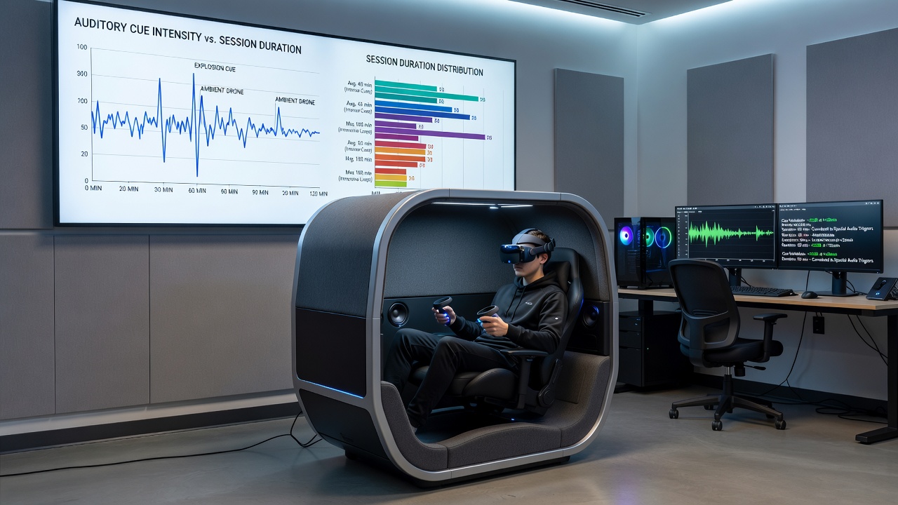 Charts displaying session duration distributions across different auditory cue configurations in virtual gaming environments