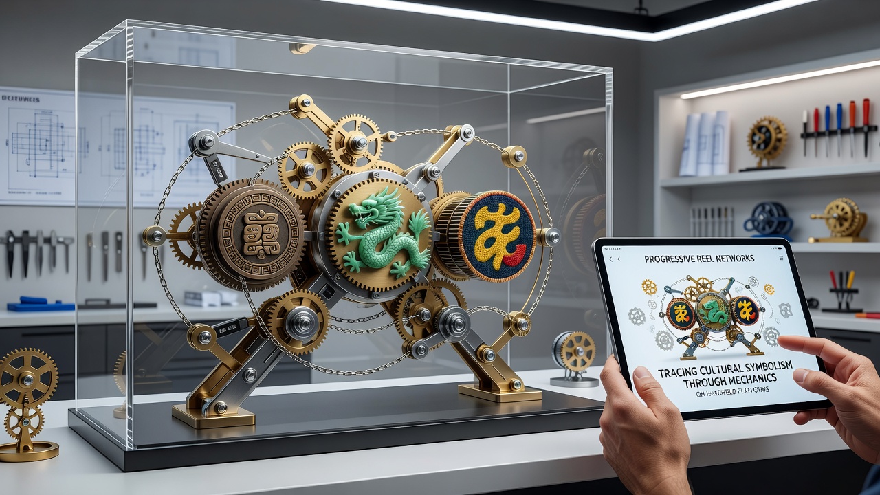 Mobile screen displaying progressive reel game with culturally inspired symbols like dragons and lotuses integrated into network jackpot mechanics