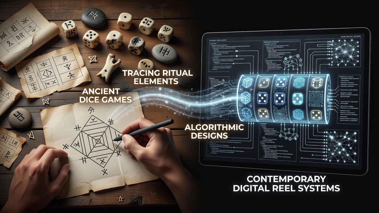 Ancient dice artifacts compared to modern slot reels showing ritual symbols and random outcome patterns